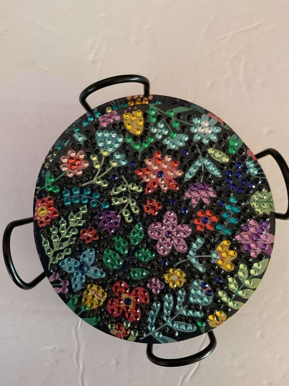 Handcrafted Multicolor Floral Sequin Wall Coasters - Set of 8 w/holder